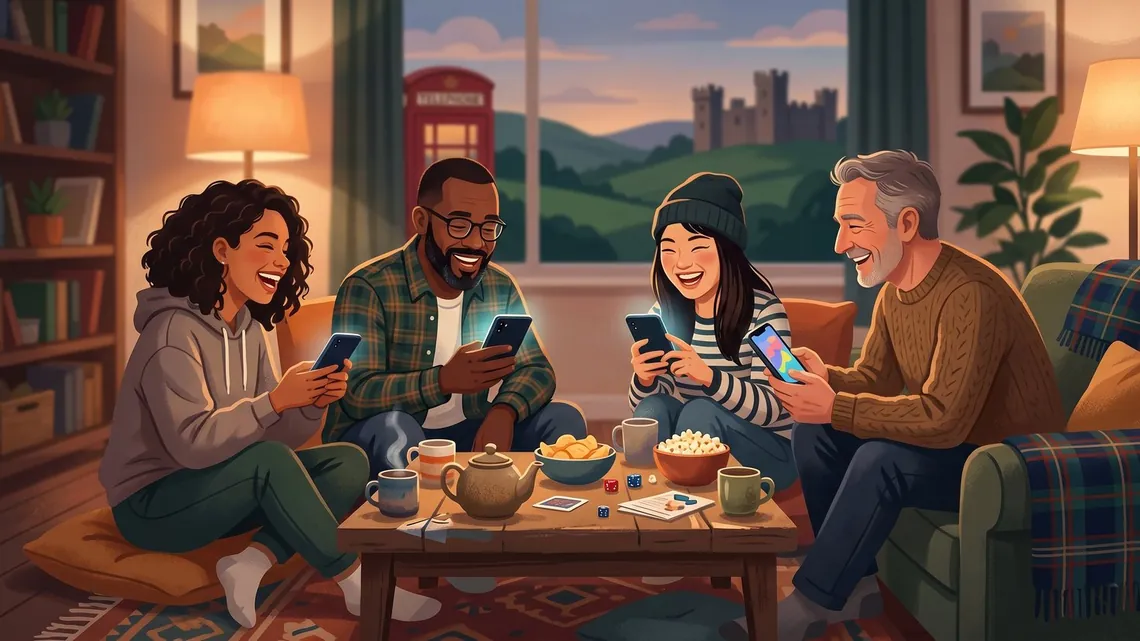 Friends playing a British quiz together on their phones