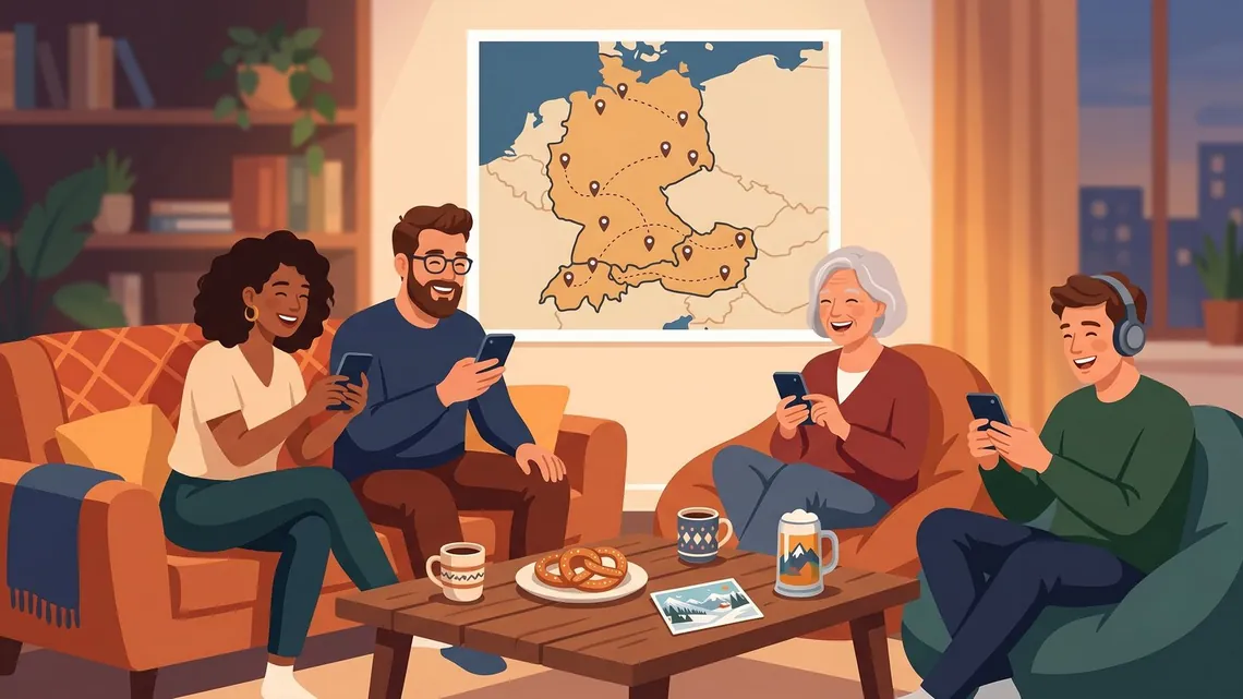 Freunde spielen zusammen ein Deutschland-Quiz auf ihren Handys