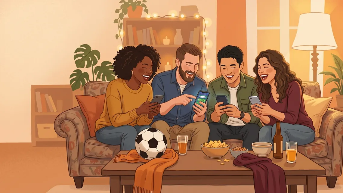 Friends playing a football trivia game on their phones