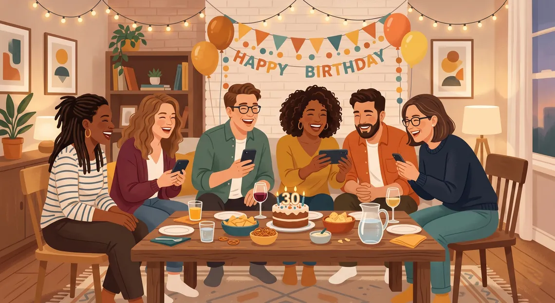 Friends laughing at a birthday party while playing a game together at the table