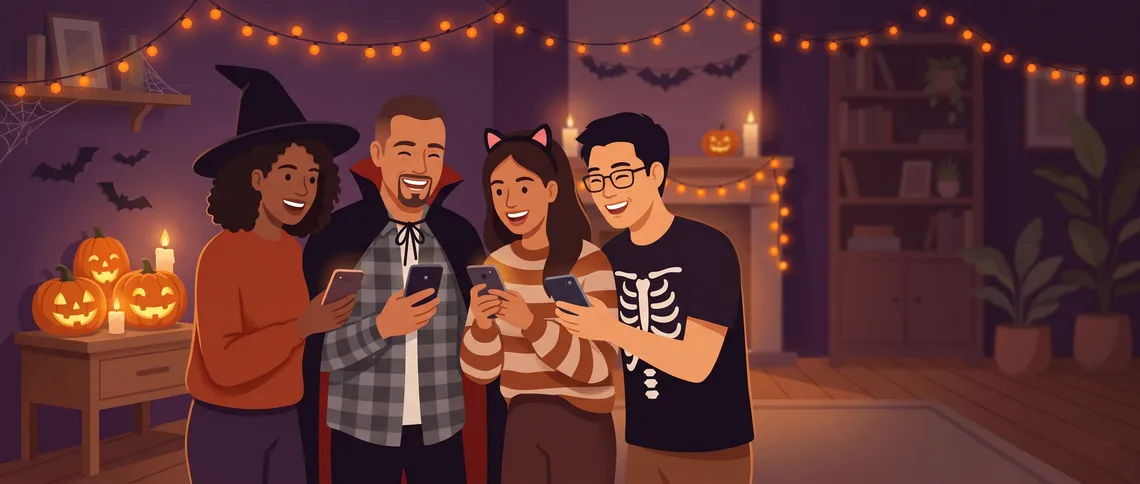 Freunde in Halloween-Kostümen lachen auf einer Party beim gemeinsamen Spielen am Handy