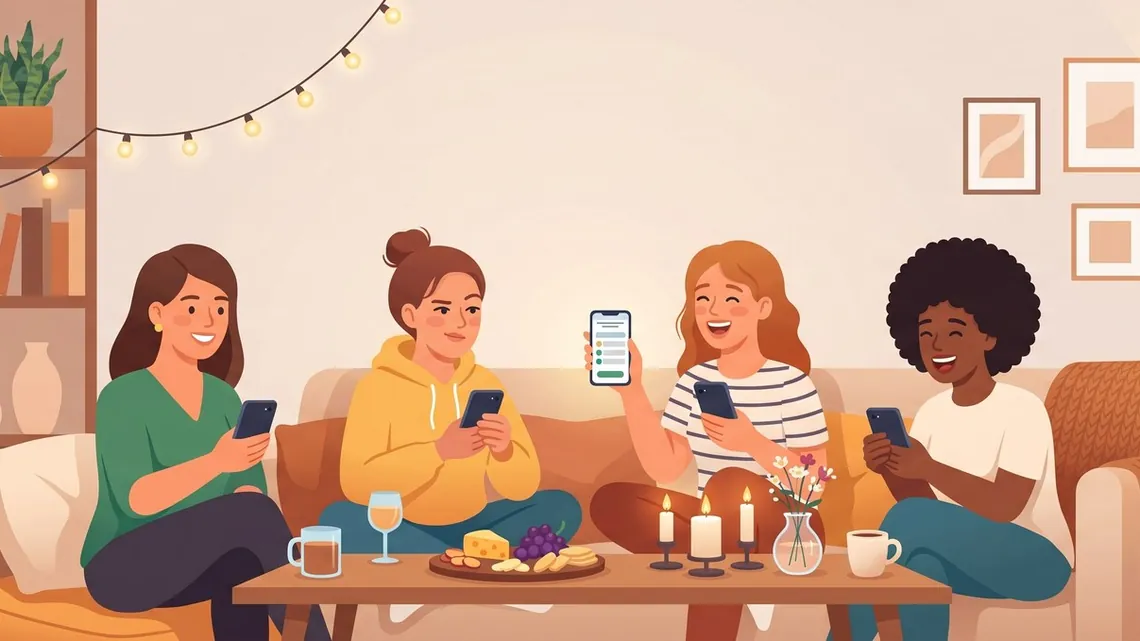 Freundinnen lachen zusammen an einem gemütlichen Mädelsabend mit Snacks und einem Spiel auf dem Handy
