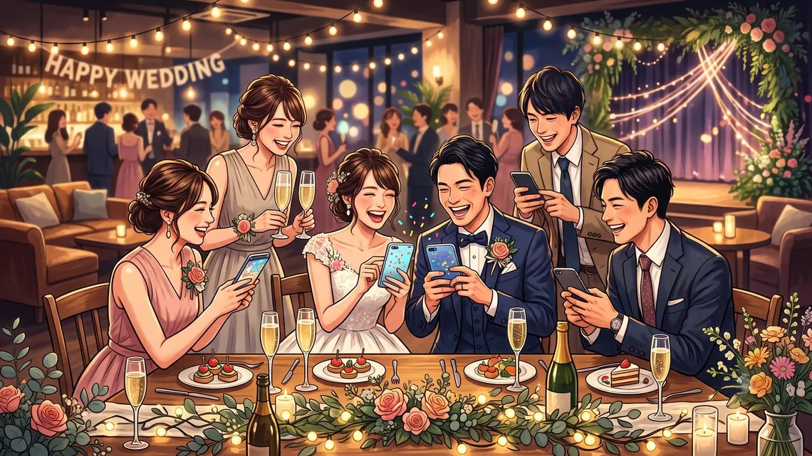 結婚式の二次会で、新郎新婦を囲んで正装のゲストがスマホゲームを楽しむ様子