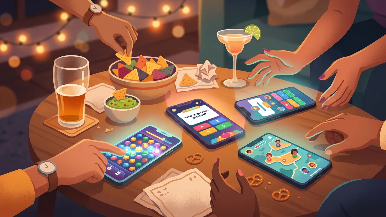 Telefoni con app giochi di gruppo sul tavolo tra snack e bevande