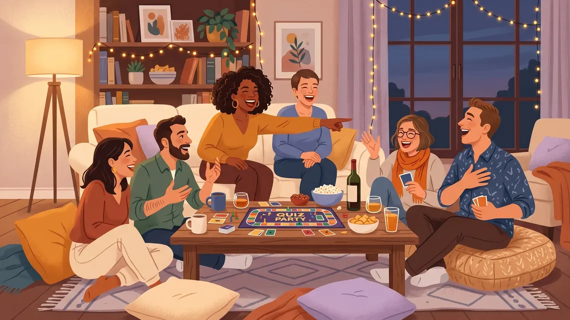 Grupo de amigos adultos ríe durante una noche de juegos de grupo en el salón