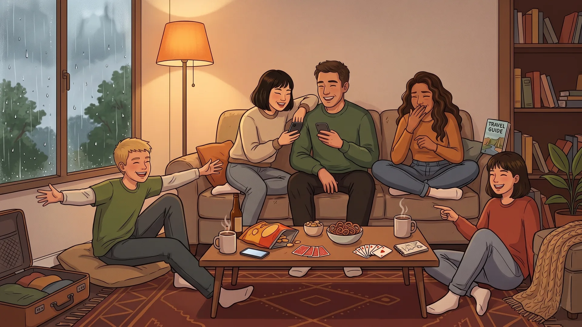 Family playing together with cards and hot cocoa in a holiday rental while rain streaks the window