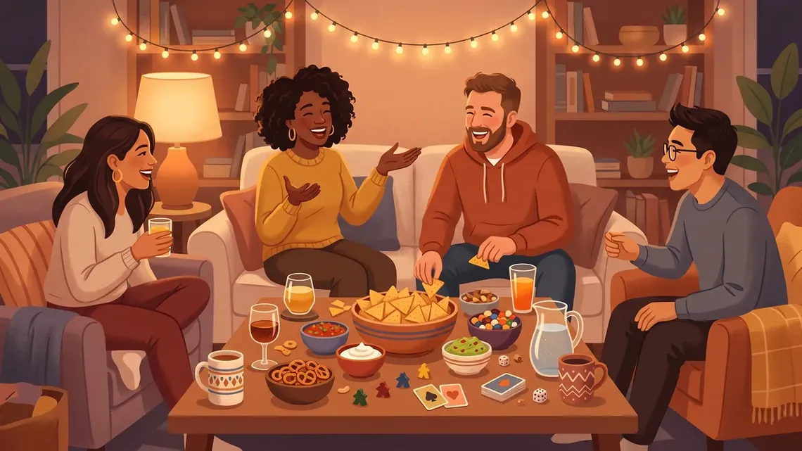 Amigos durante una fiesta en casa con snacks, juegos de mesa y móviles