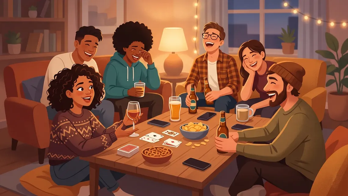 Group of friends laughing around a coffee table with drinks, cards and snacks during a drinking game