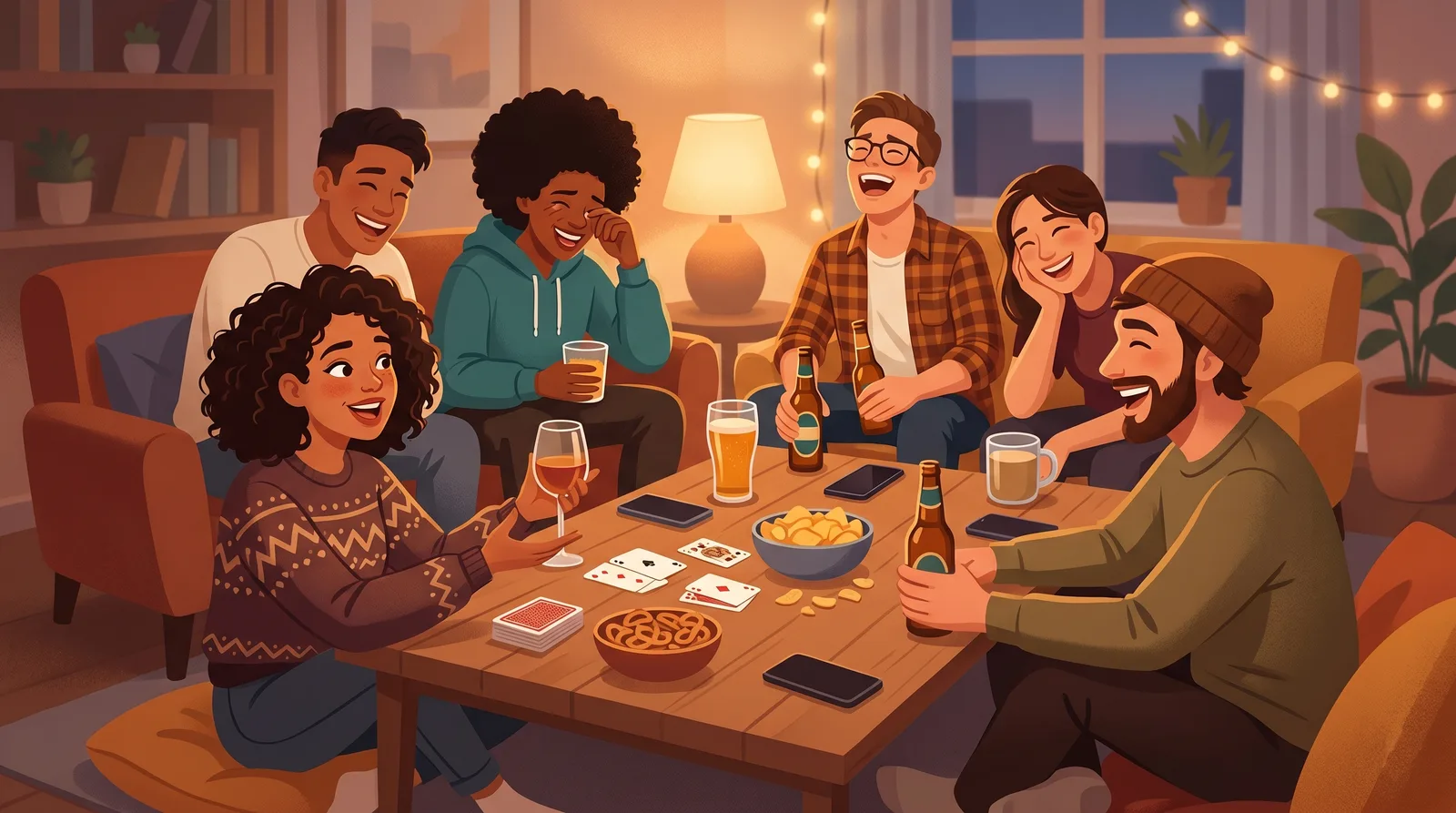 Grupo de amigos a rir à mesa de centro com bebidas, cartas e petiscos durante uma ronda de verdade ou consequência