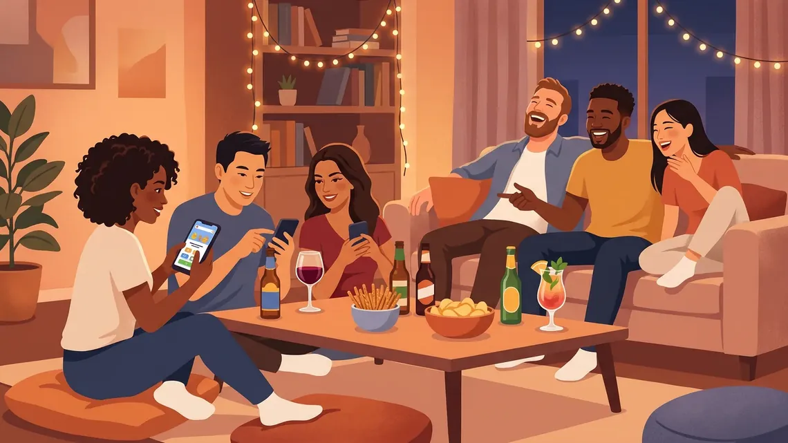 Grupo de amigos ríe durante juegos para beber con amigos con móviles, cervezas y snacks sobre la mesa del salón