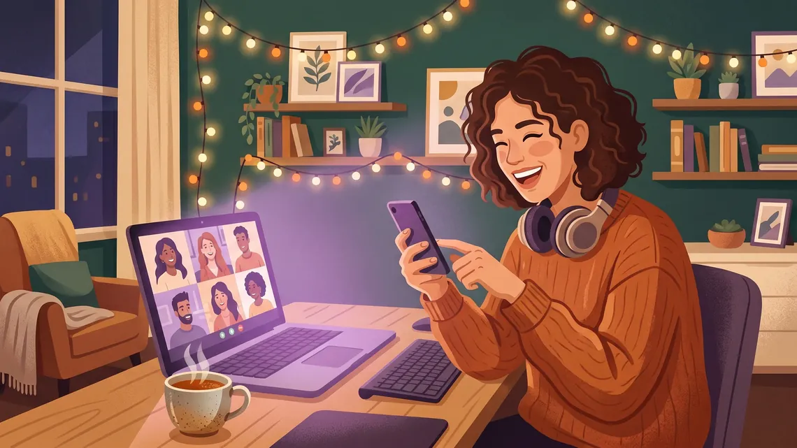 Chica riendo mientras juega a un juego online con amigos por videollamada en el portátil