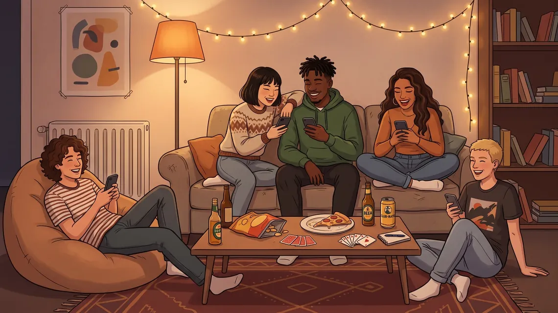 Amigos cá em casa a jogar juntos no sofá da sala durante um serão