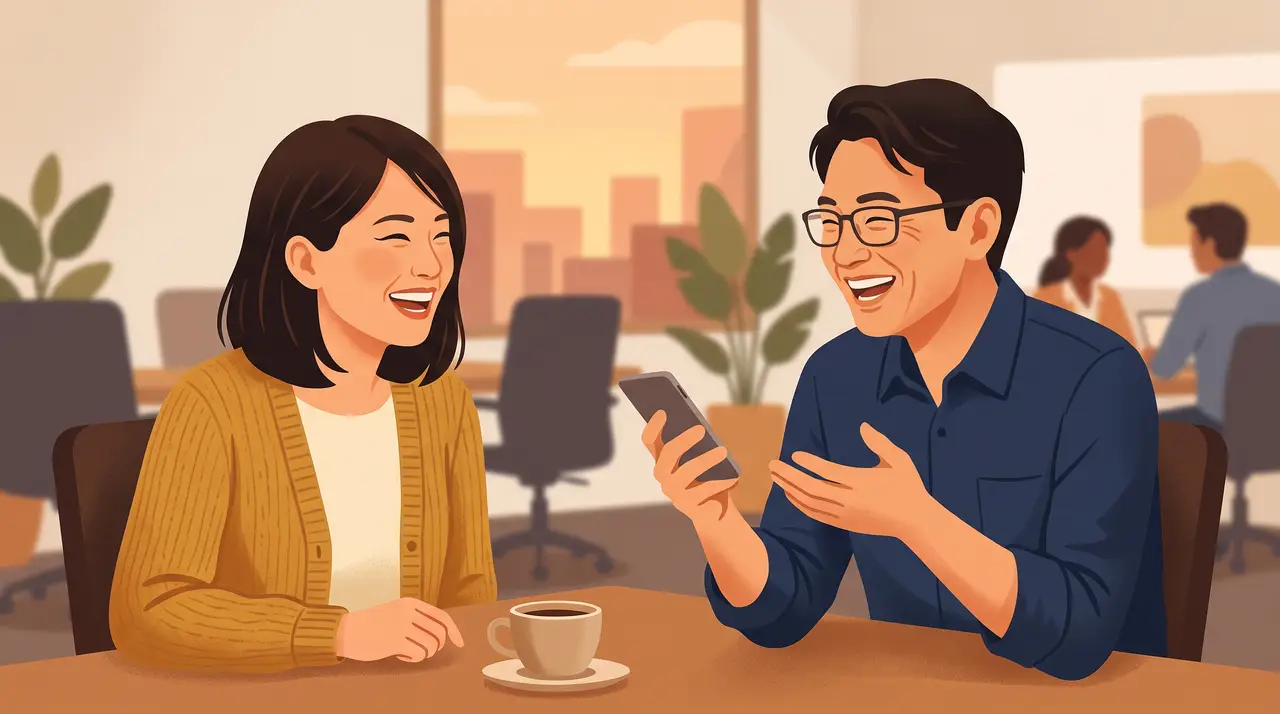 オフィスで同僚がスマホのブラフ回答を見せて笑い合っている様子