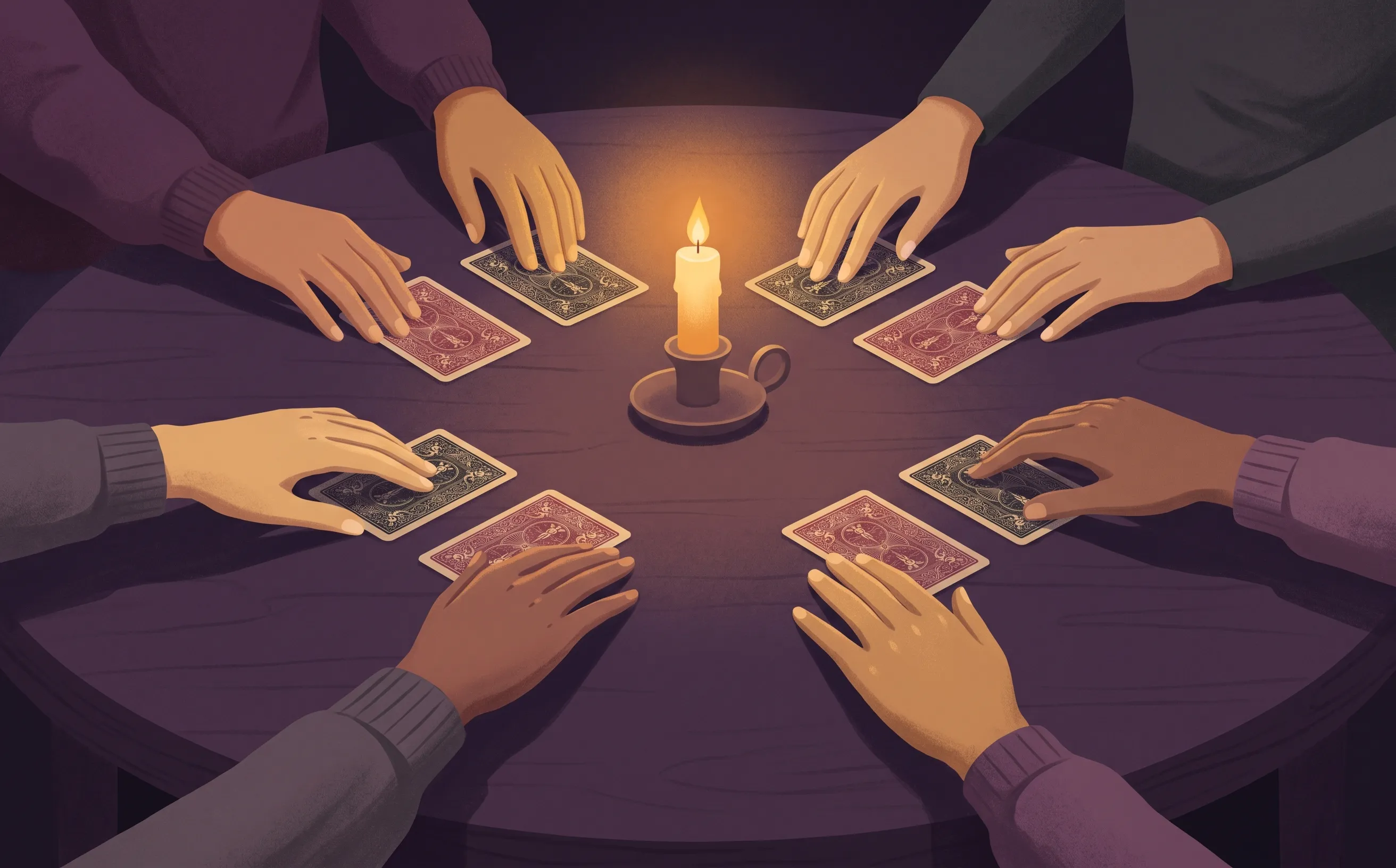 Manos alrededor de cartas a la luz de las velas, silencio concentrado en la mesa