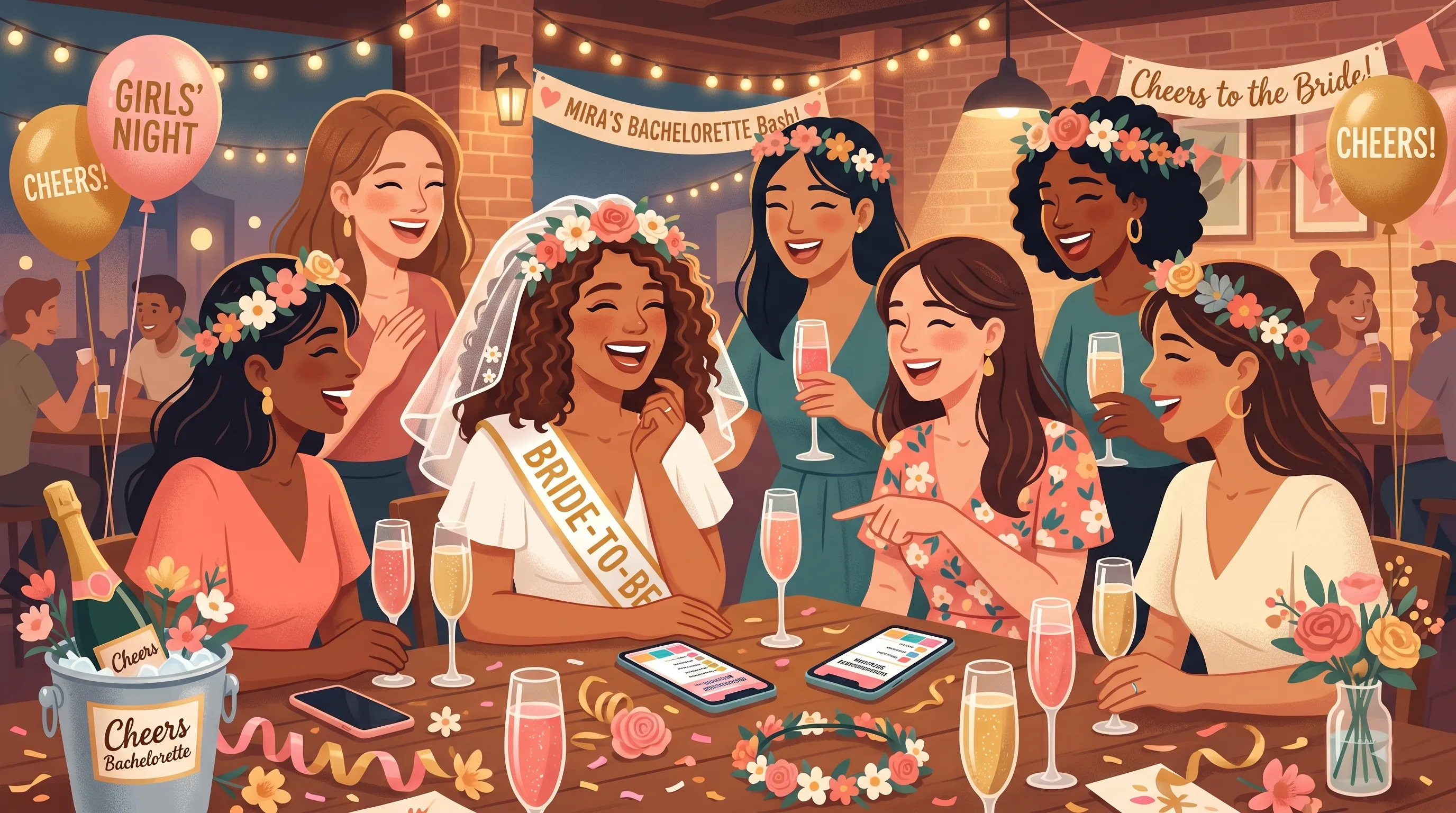Despedida de solteira com véu de noiva, champanhe e jogos no telemóvel