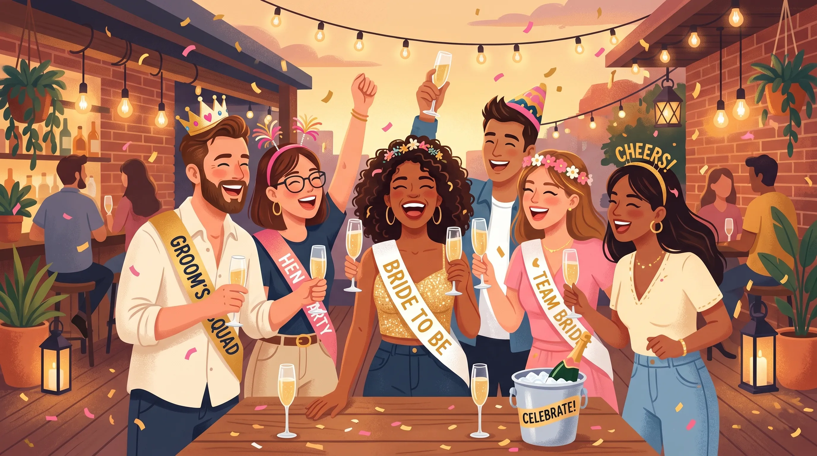 Grupo de amigas em despedida de solteira com faixas, champanhe e confetes