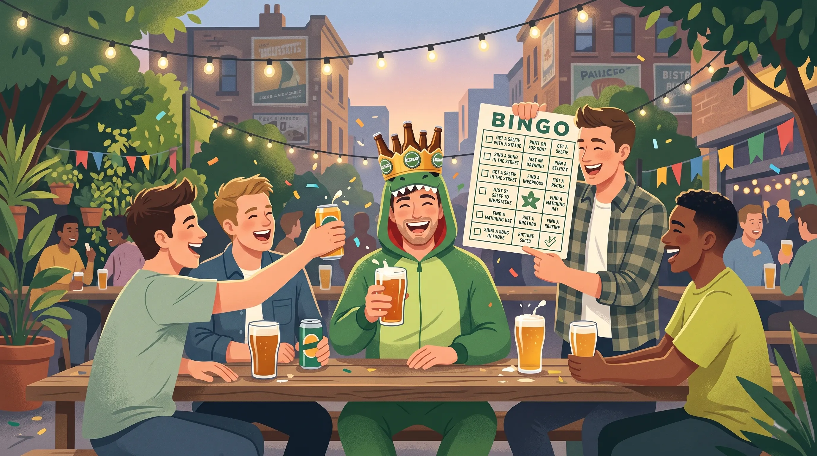 Homens em despedida de solteiro num bar com cartão de bingo e cervejas