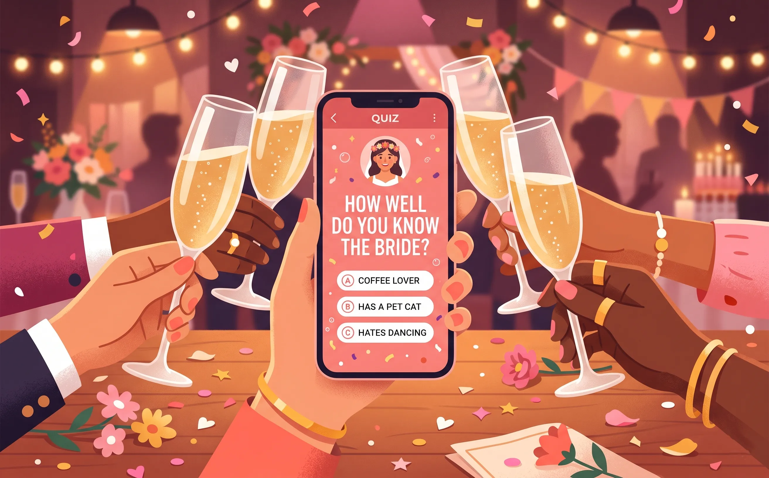 Quiz da noiva no telemóvel com taças de champanhe e confetes