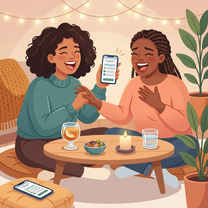 Zwei Freundinnen lachen am Mädelsabend über eine Spielrunde auf dem Handy