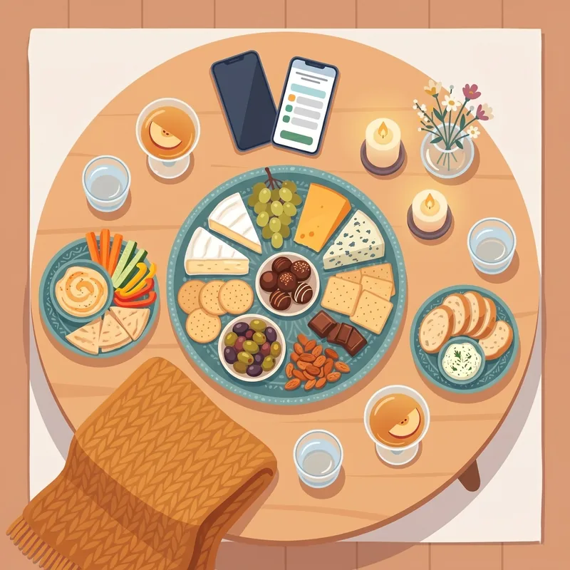 Snack-Platte mit Käse, Trauben, Crackern und Dips für den Mädelsabend von oben