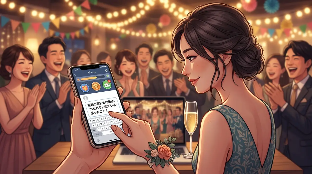 結婚式の二次会で、正装のゲストがスマホに嘘の回答を入力している様子