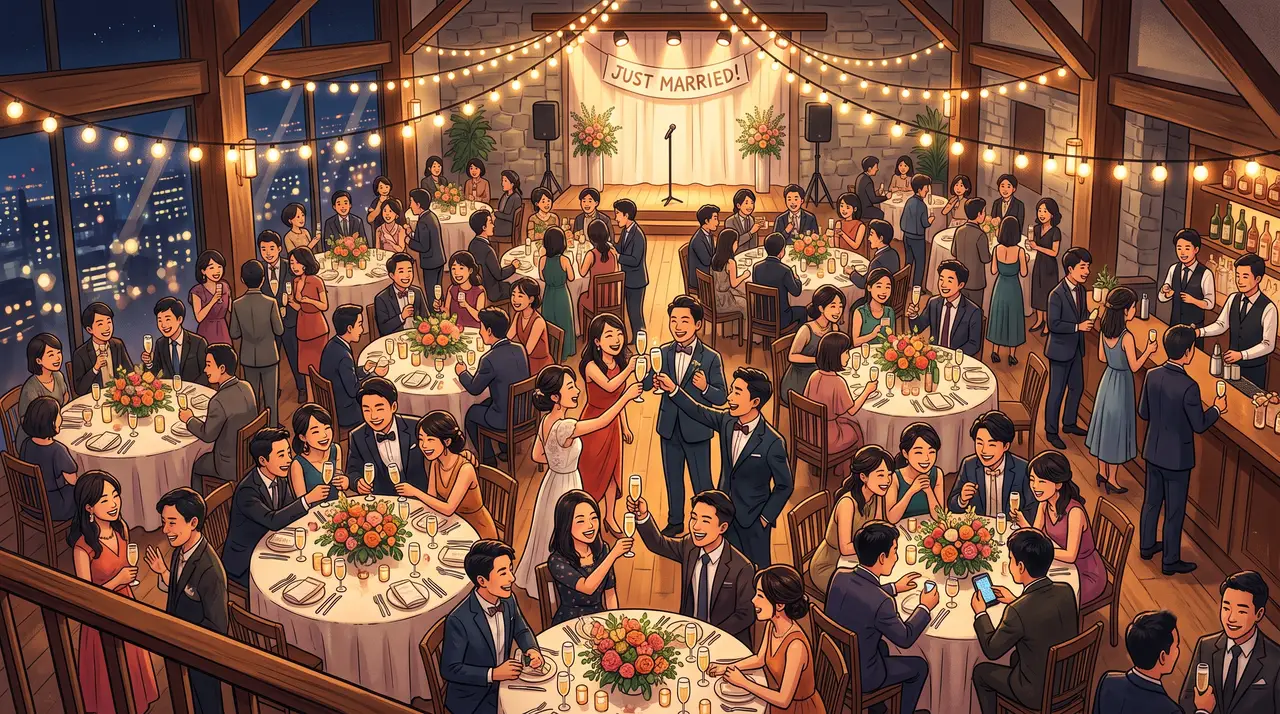 結婚式の二次会会場を上から見た、複数のテーブルのゲストが一斉にスマホゲームを楽しむ様子