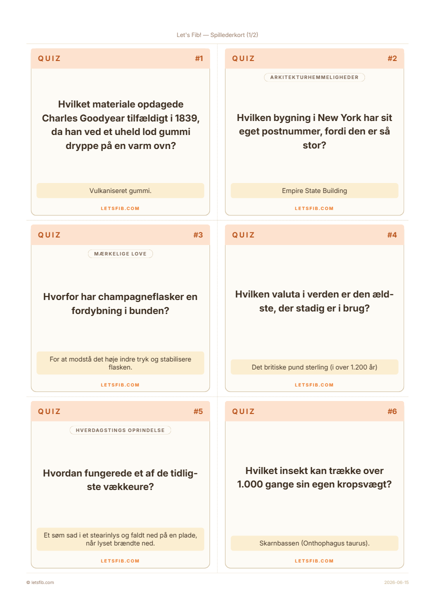 Spillekort til print med quizspørgsmål