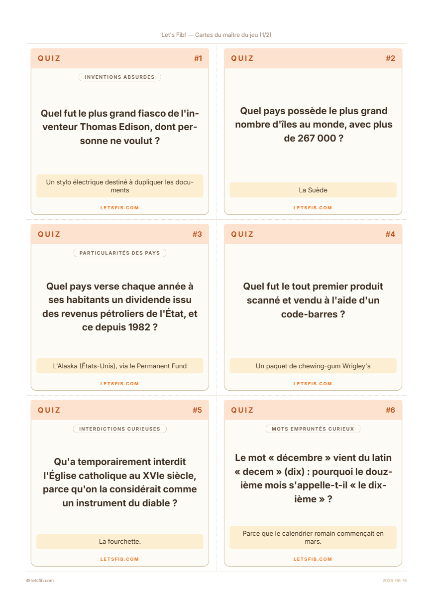 Cartes quiz à imprimer