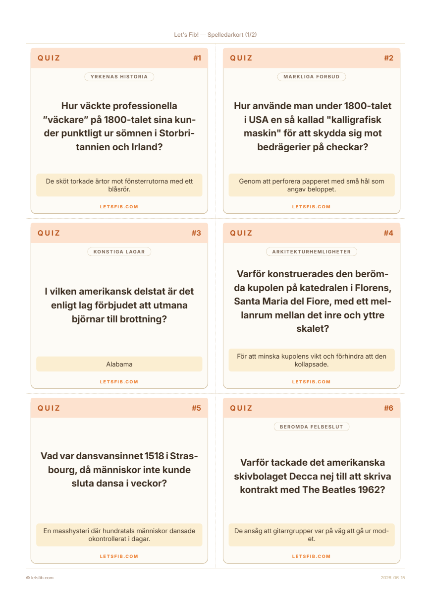 Spelkort att skriva ut med quizfrågor