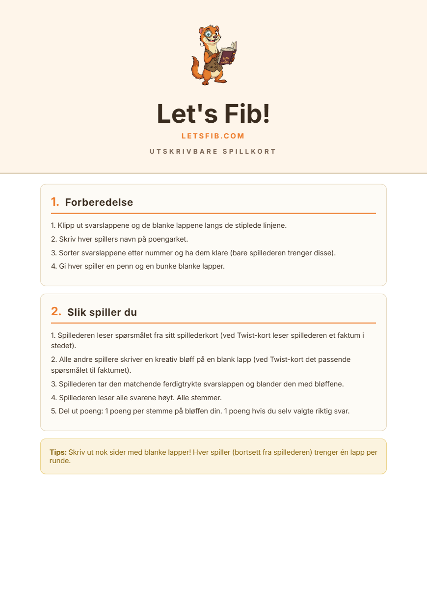 Spillkort til utskrift PDF: instruksjoner