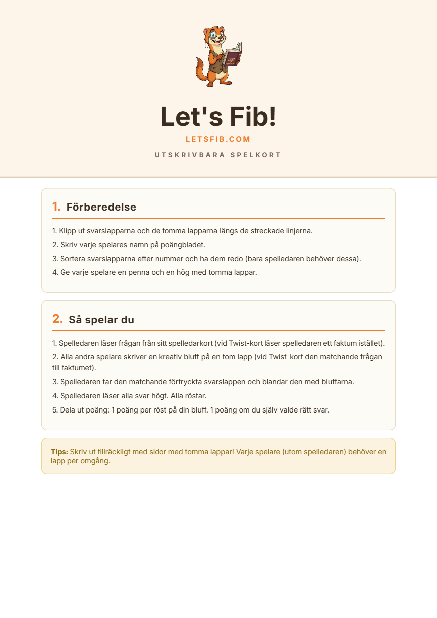 Spelkort till utskrift PDF: instruktioner