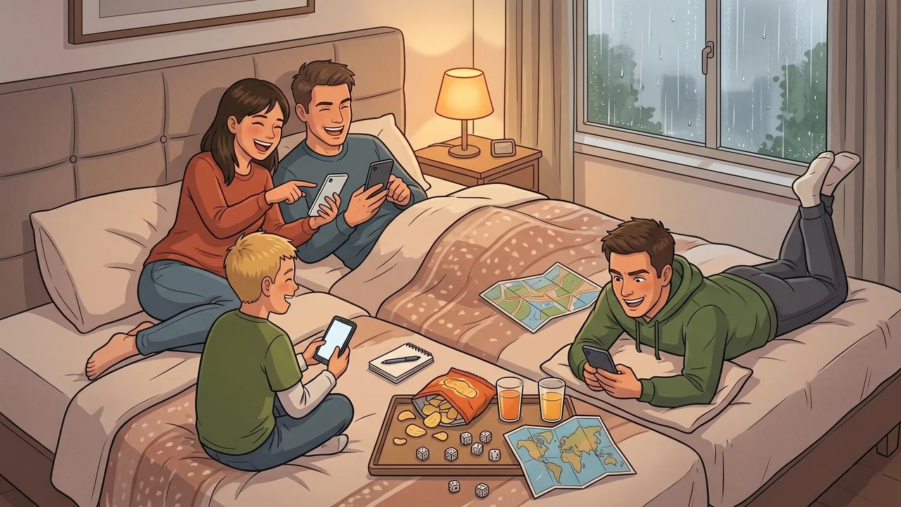 Group doing rainy day activities on their phones together on beds in a holiday rental