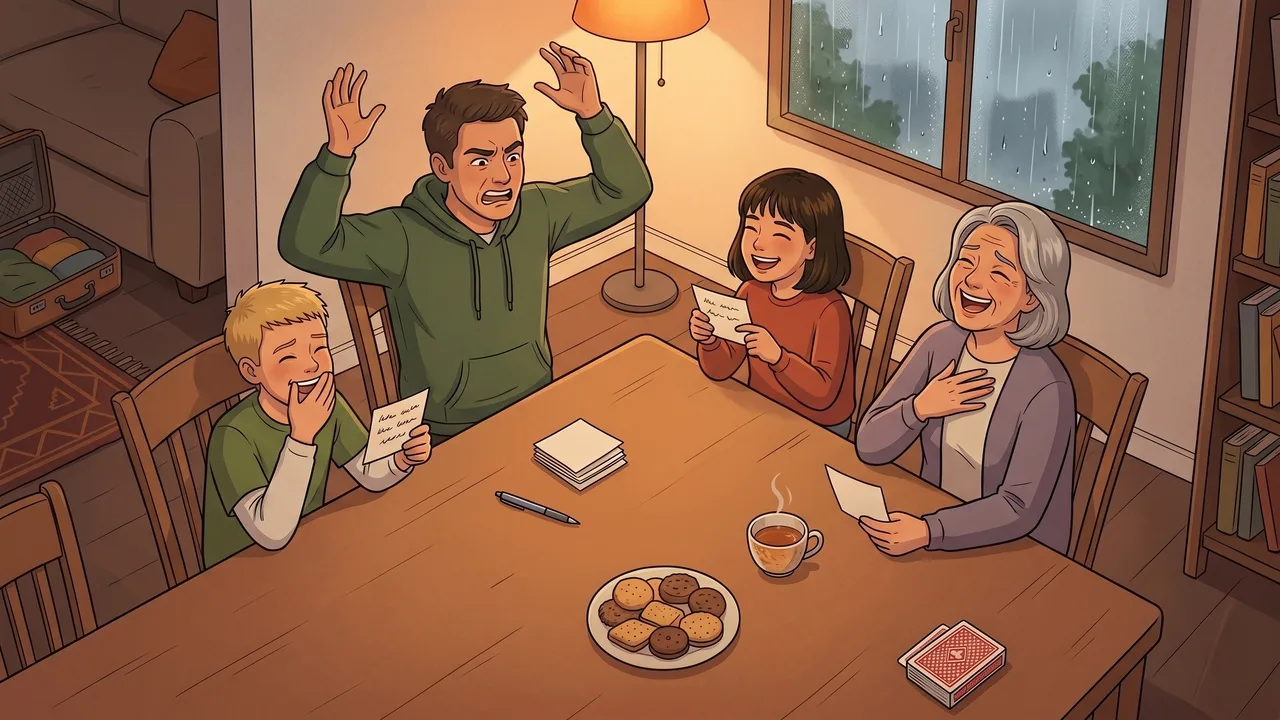 Family plays charades and guessing games without equipment at the holiday rental table while it rains