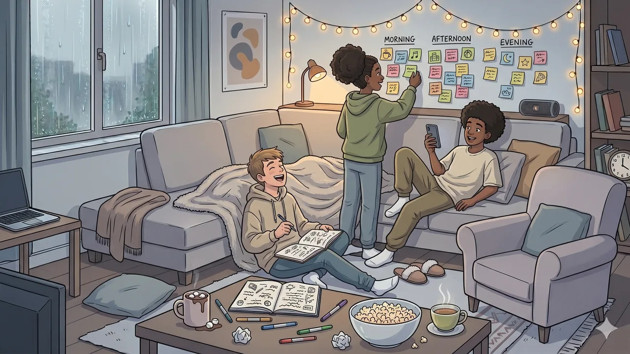 Trois ados planifient le jour de pluie, un colle des post-its colorés au mur étiquetés Matin Après-midi Soir pendant que les autres cherchent des idées avec chocolat chaud et popcorn
