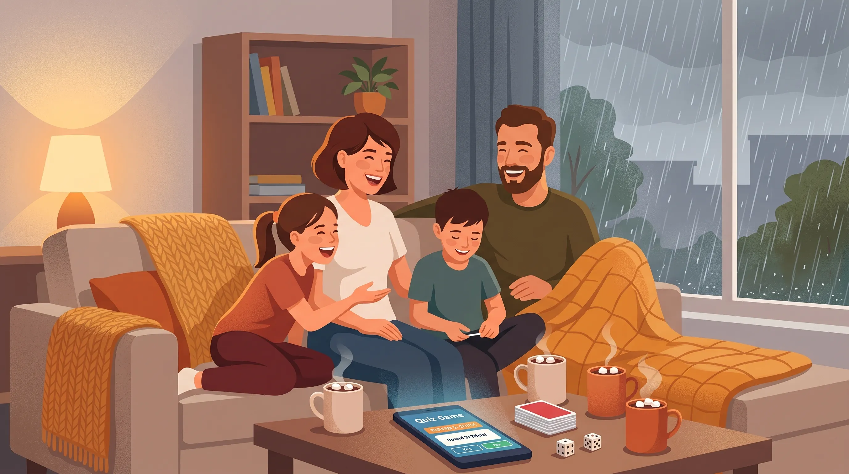 Family sitting cozy on the couch in a holiday rental during a rainy day, playing together on their phones