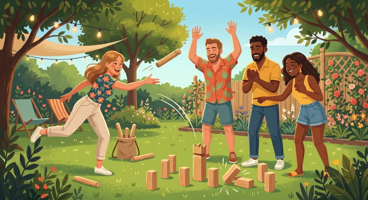 Vuxna kastar på en sommarfest på gräsmattan i Kubb medan andra hejar i bakgrunden