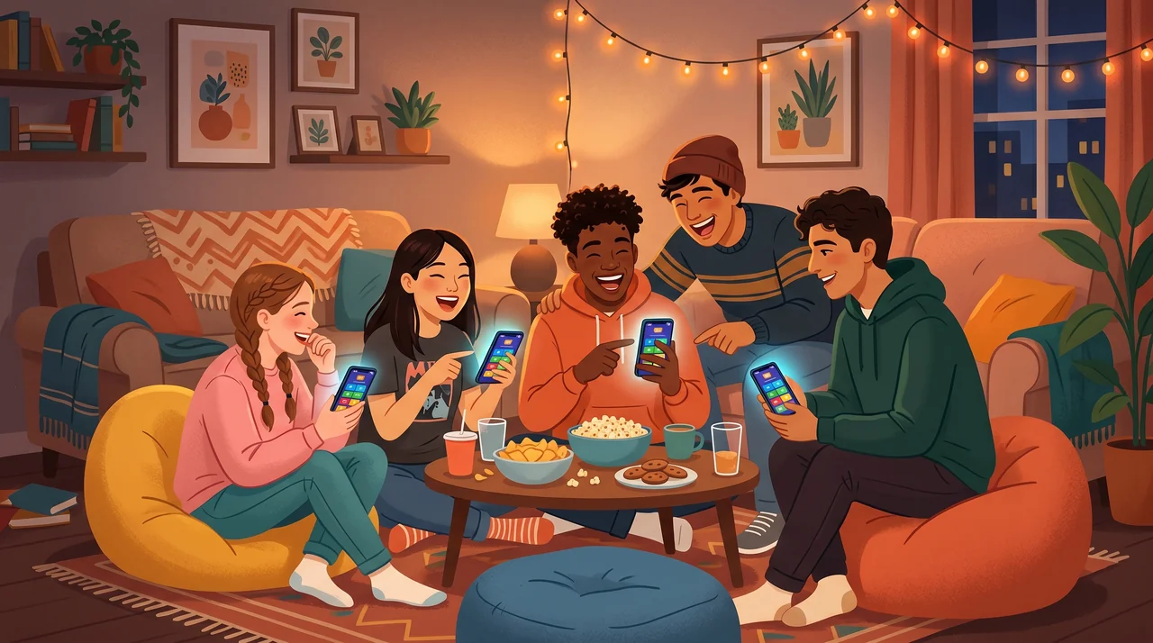 Cinci adolescenți joacă jocuri pentru adolescenți pe telefon împreună în living, râd și arată spre aplicația lor de quiz