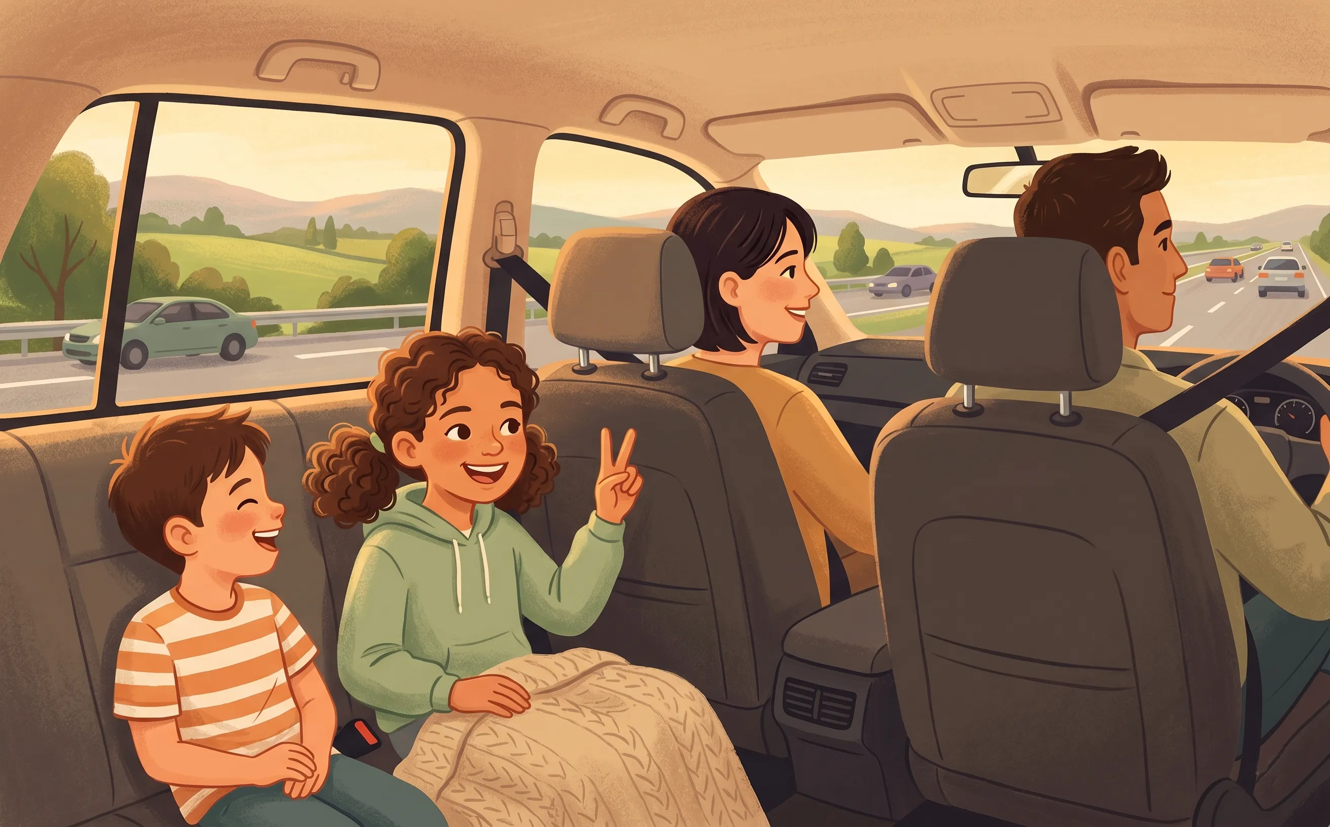 Family playing a guessing game in the car on the back seat
