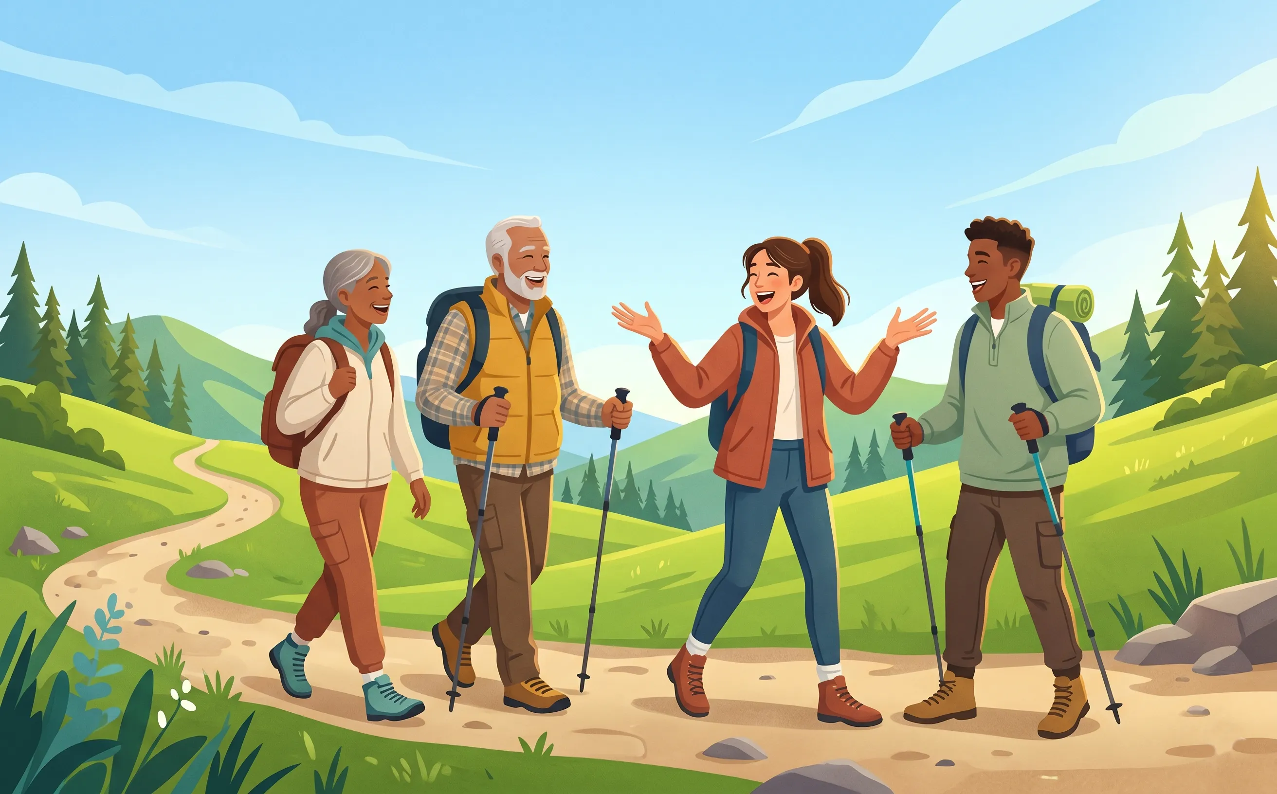 Hiking group on a mountain trail, laughing and telling stories