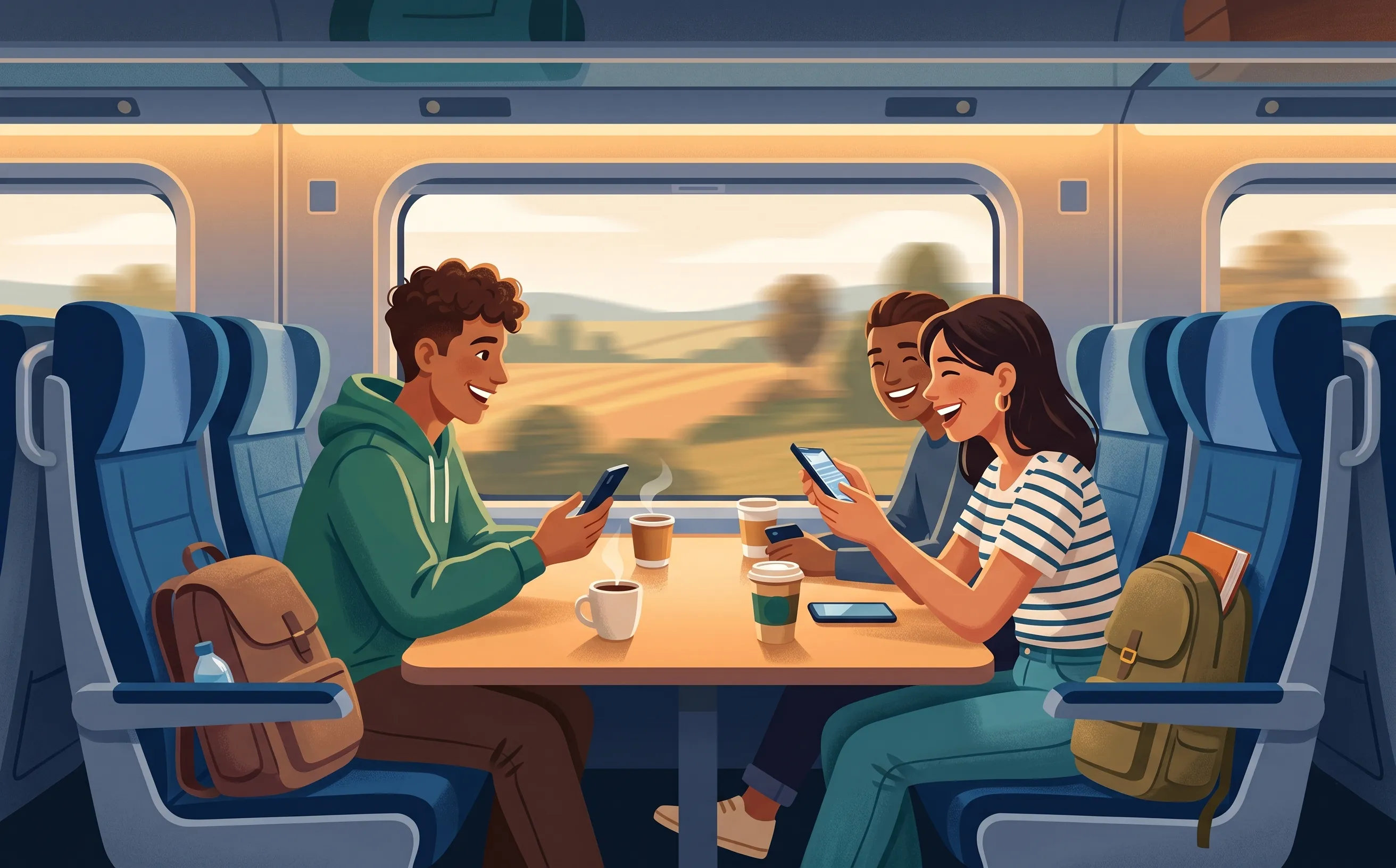 Friends playing a quiz on their phones at a train table