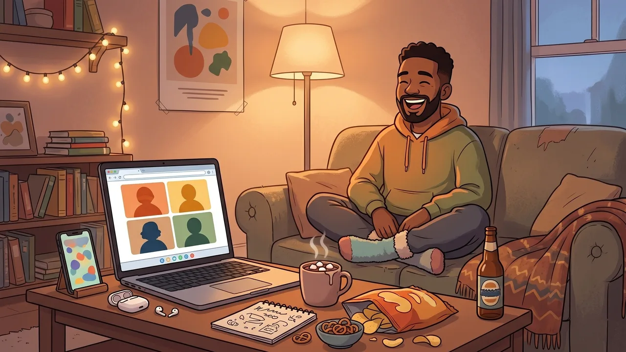 Person relaxing on a couch with laptop for the video call and phone for the game, hot cocoa and snacks on the coffee table