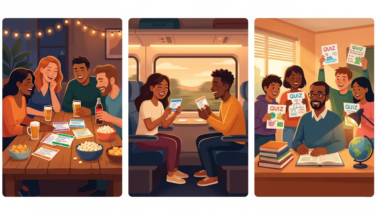Trei scene: prieteni jucând cărți quiz la o petrecere, două persoane în tren cu cărți de joc, profesoară cu elevi și cărți quiz la oră