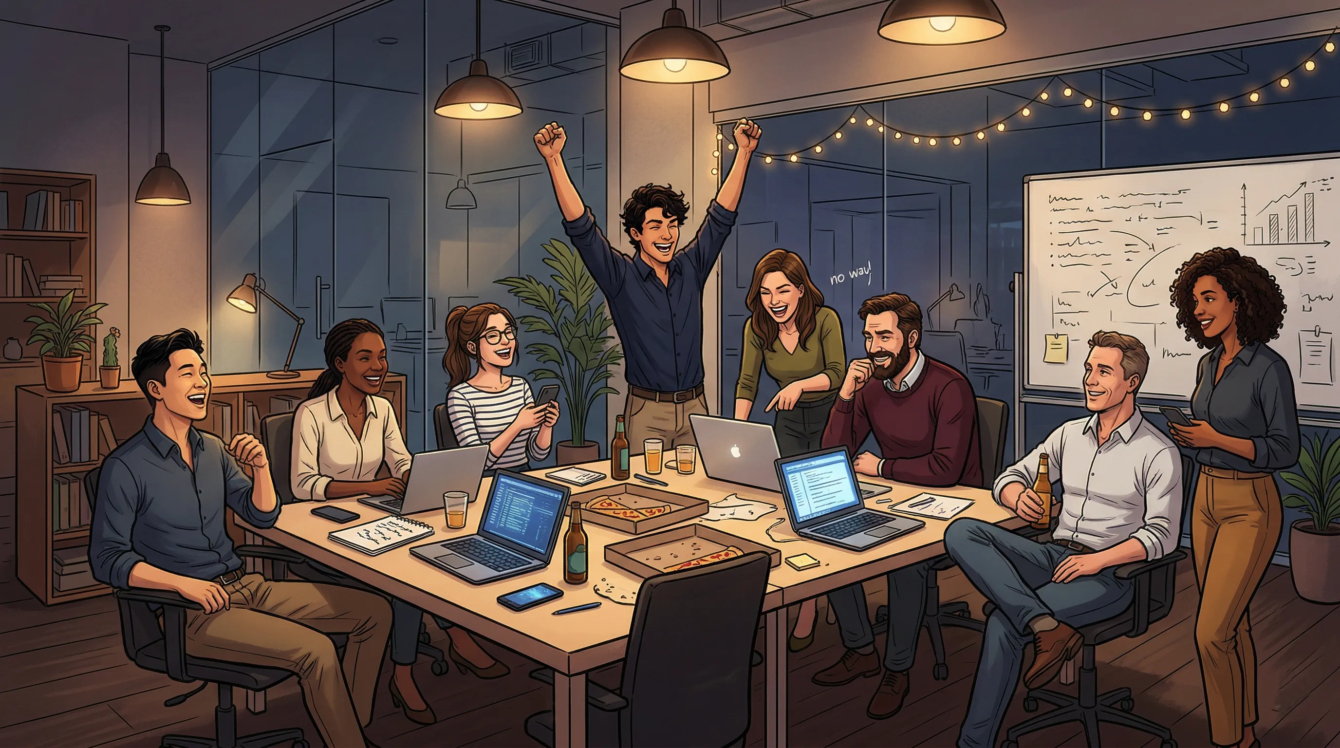 Kollegen spielen Teambuilding Spiele nach Feierabend im Büro