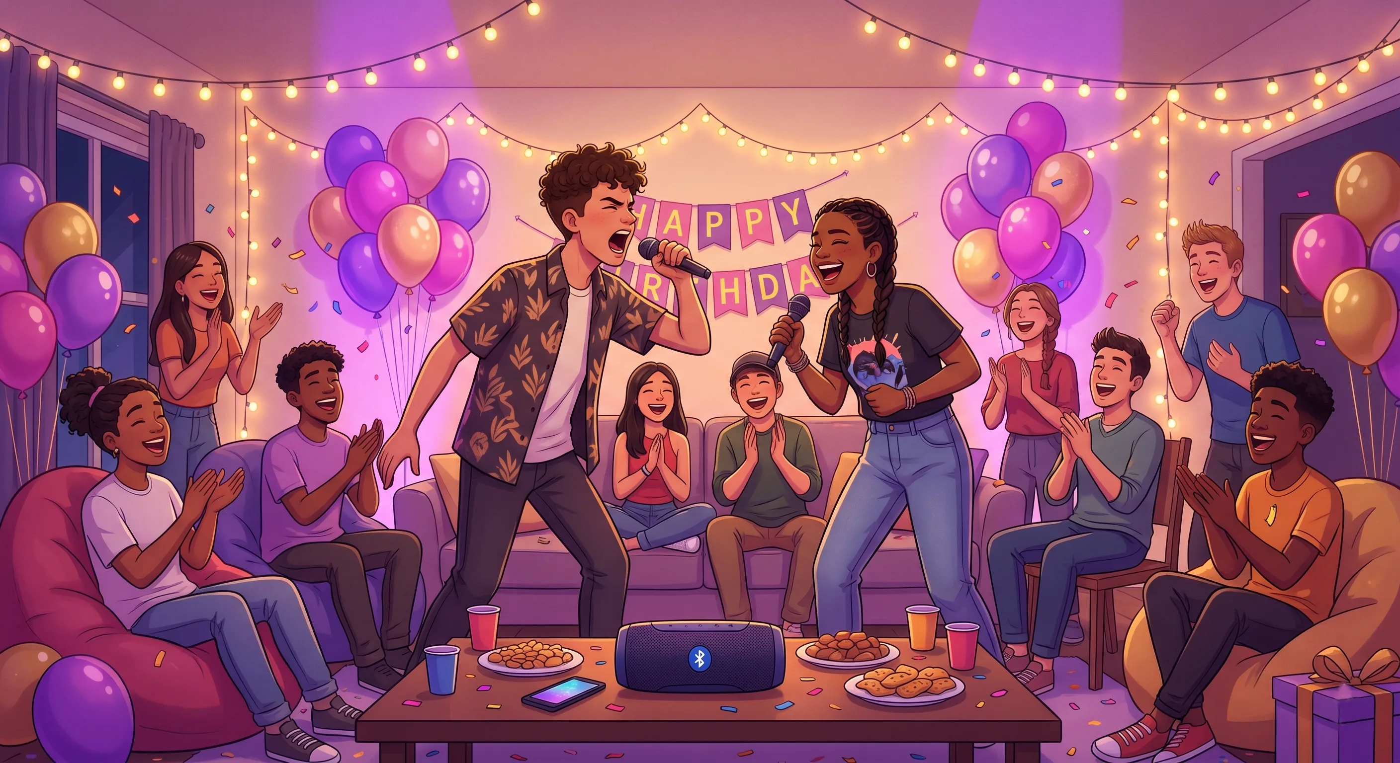 Adolescentes cantando karaoke battle en una fiesta de cumpleaños, amigos aplaudiendo y animando