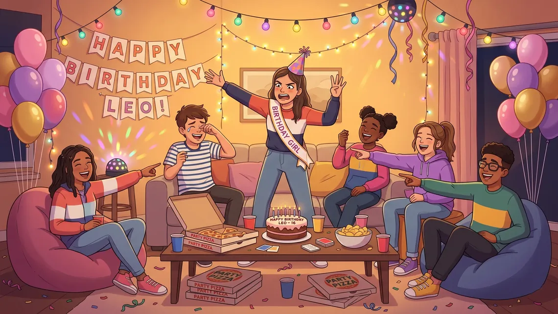 Adolescenti festeggiano un compleanno con torta, pizza e decorazioni