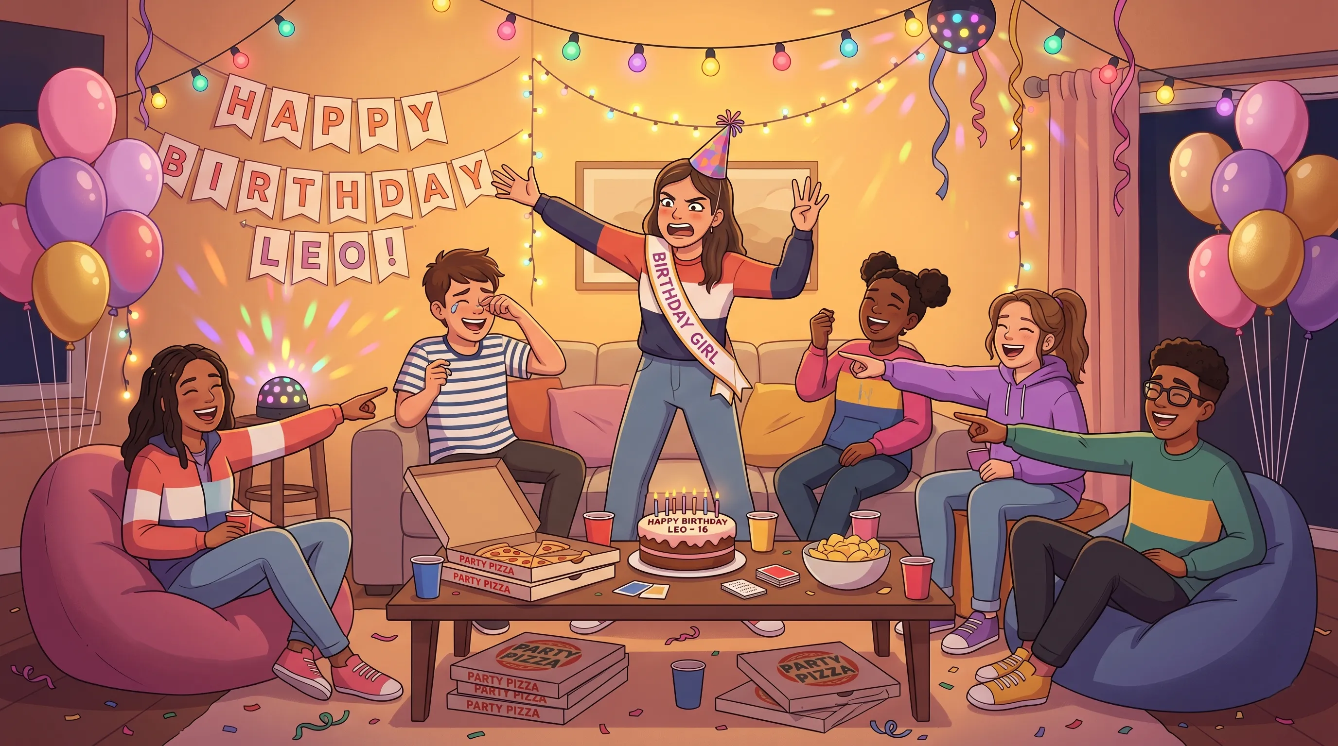 Adolescentes celebrando un cumpleaños con tarta, pizza y decoración