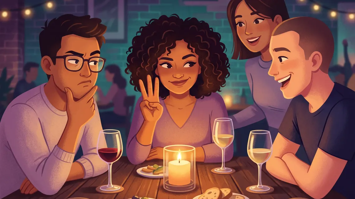 Friends playing games at the dinner table with candles and wine