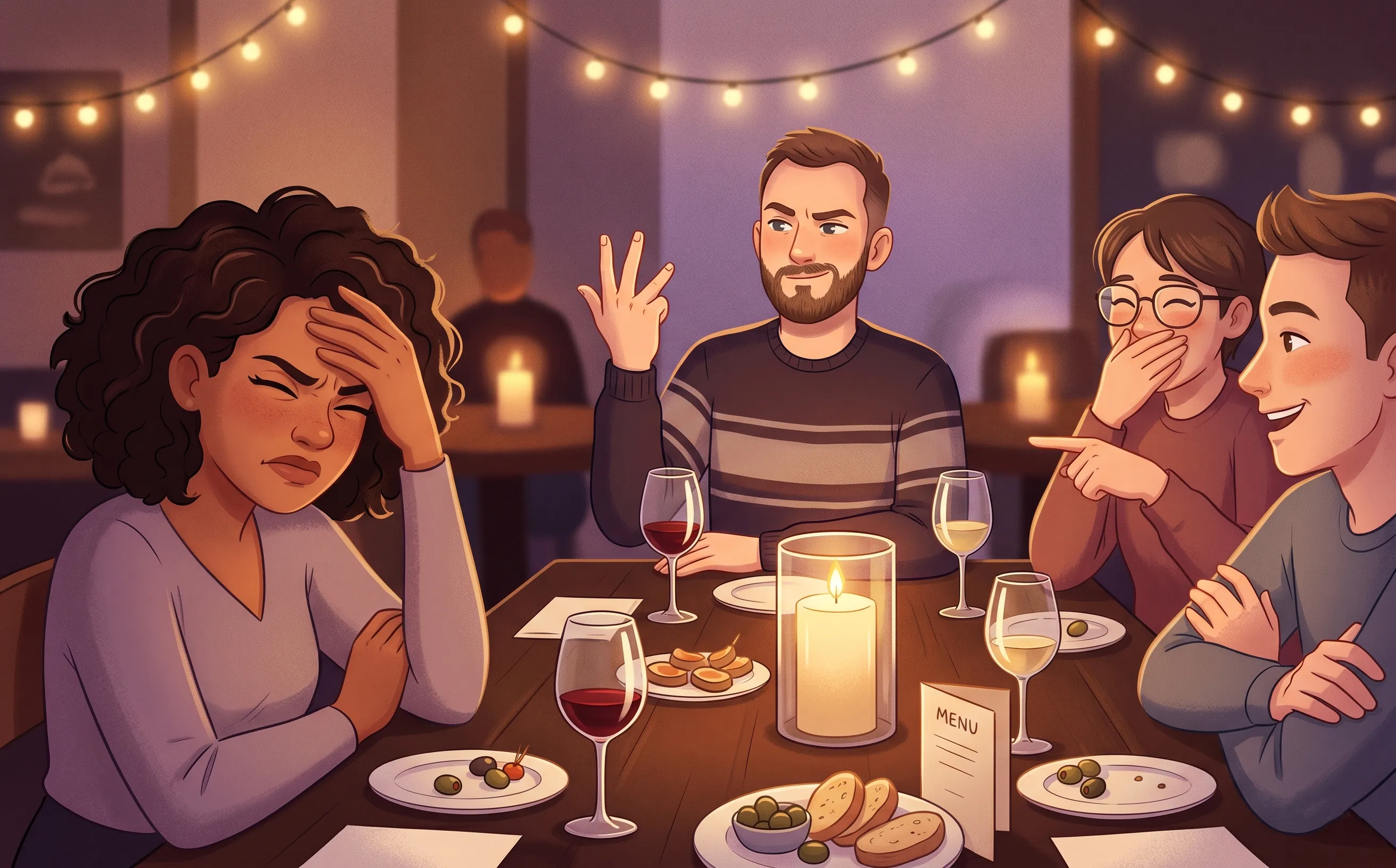 Amigos à mesa a jogar Duas verdades e uma mentira, um levanta três dedos e os outros riem-se