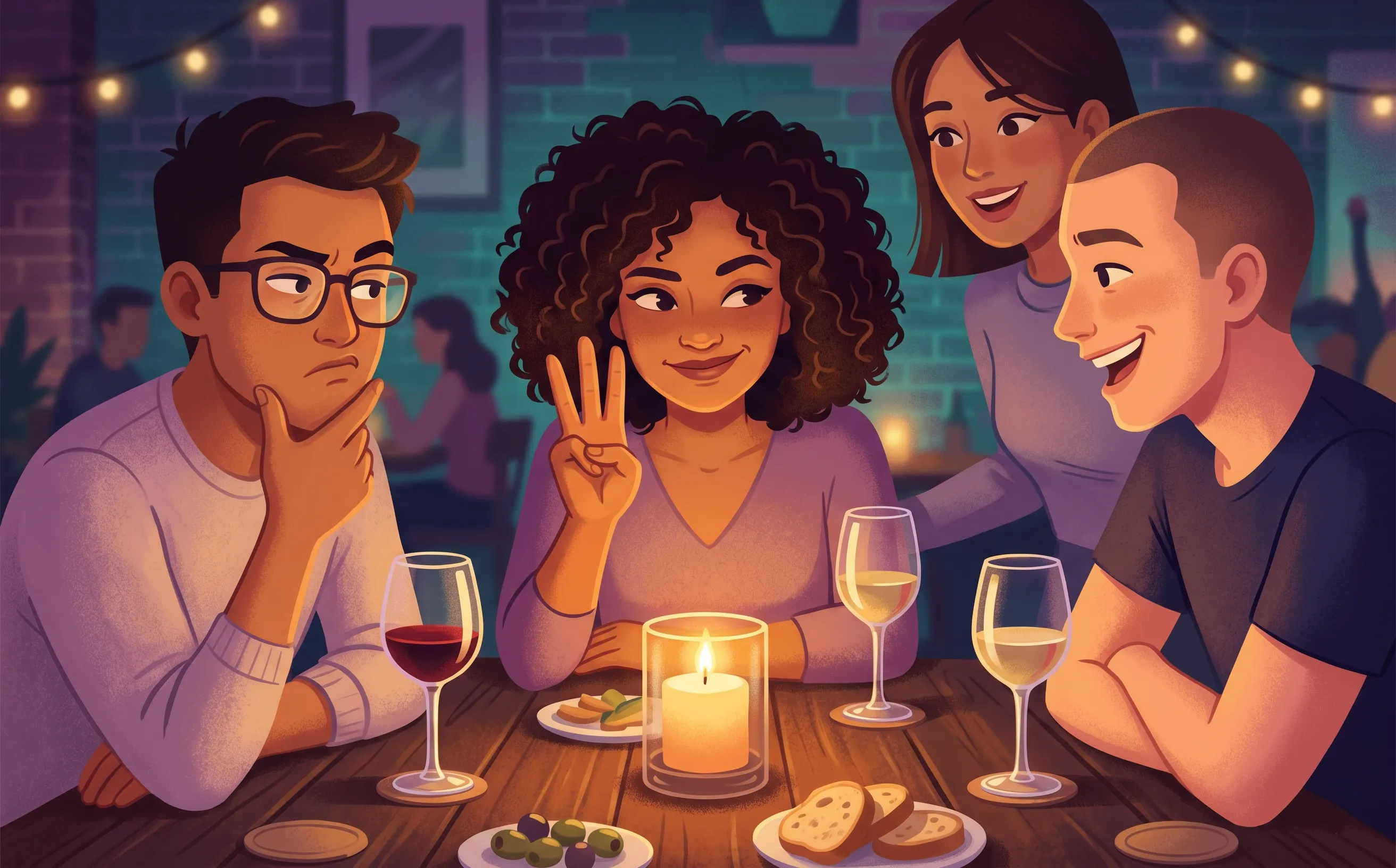 Amigos a jogar jogos à mesa à luz de velas com copos de vinho