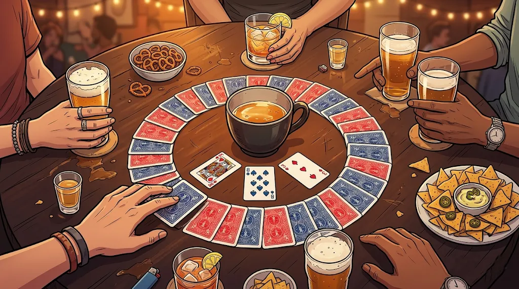 Cartas dispostas em círculo à volta de um copo na mesa, vistas de cima